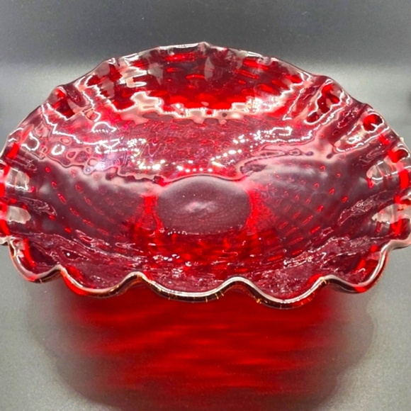 FOSTORIA? Ruby Red Bowl 11" Long x 8.5" Wide Footed Bowl W/Gold Flake and Foot. - Picture 5 of 9